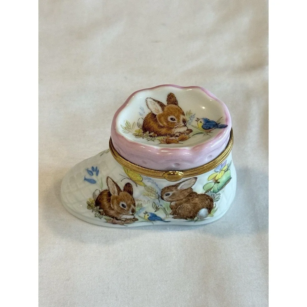 Limoges Fait Main France Trinket Box Porcelain Pink Bootie Bunny Deer Boot Shoe